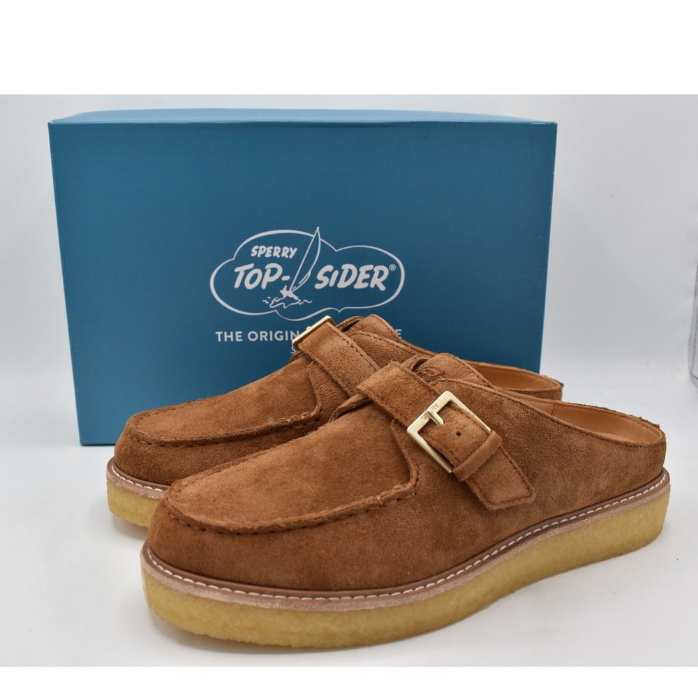 Sperry Women 7 Captsox Tan Bronzer Suede Slip On Mules Shoes Sandals Coquette